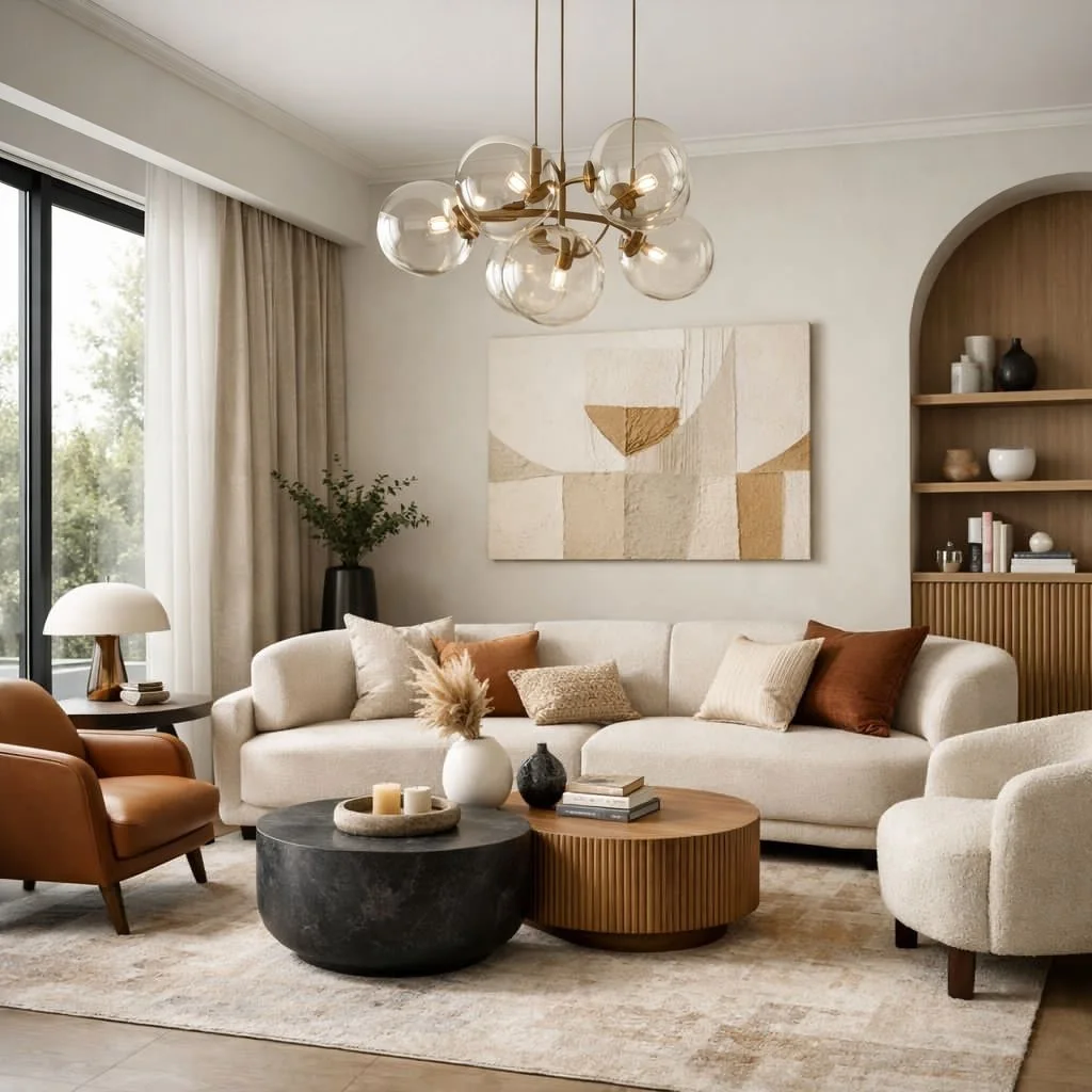 Elegancki salon w ciepłych neutralnych kolorach