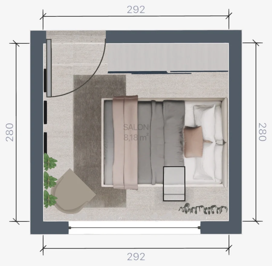 Rzut funkcjonalny sypialni o powierzchni 8,5 m²